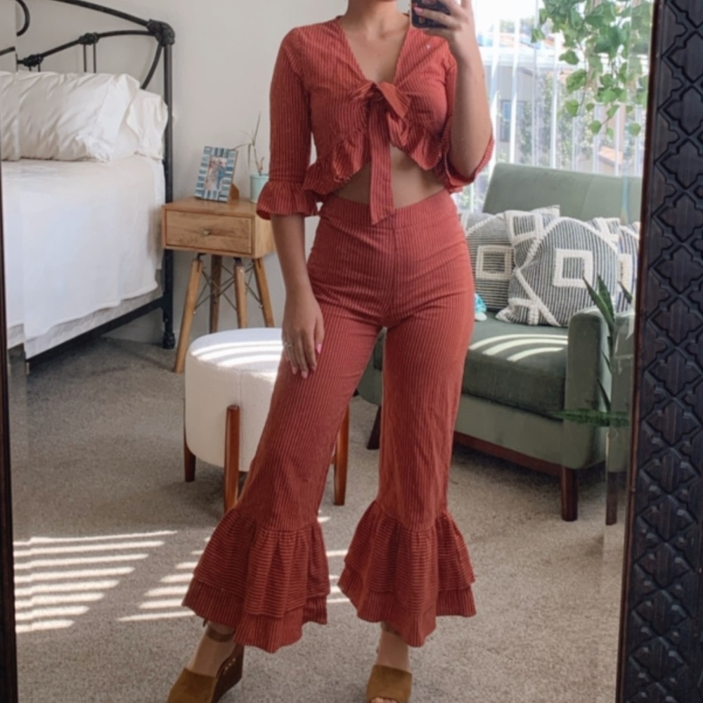 Two piece tie top with bell bottom pants